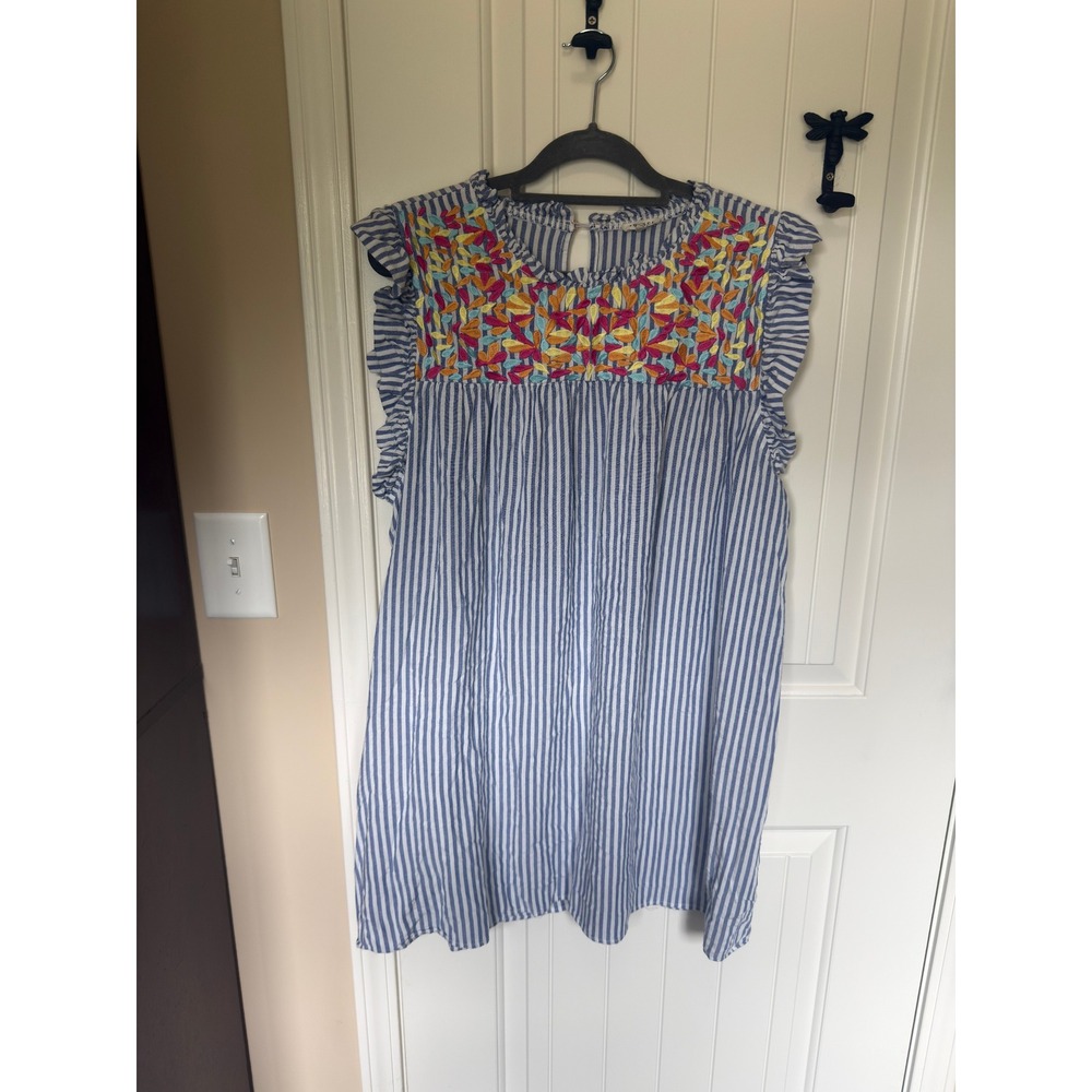 Jodifl Plus Size 2X Blue White Striped Embroidered Ruffle Mini Dress Tunic Top